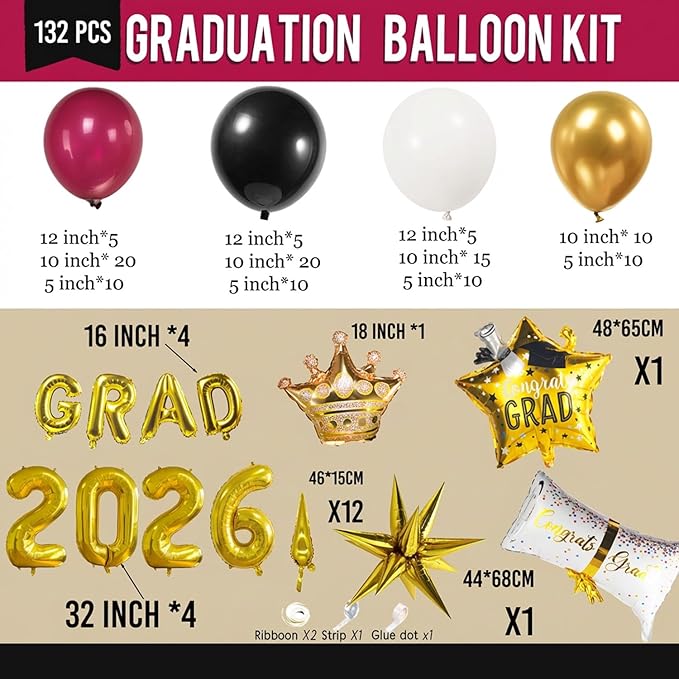 Maroon Themed Graduation Balloon Garland Arch Kit with foil Balloons for High School College students graduate class of 2026 Prom Congrats Party Decorations Backdrop (Burgundy black white gold)