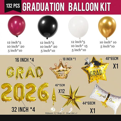Maroon Themed Graduation Balloon Garland Arch Kit with foil Balloons for High School College students graduate class of 2026 Prom Congrats Party Decorations Backdrop (Burgundy black white gold)