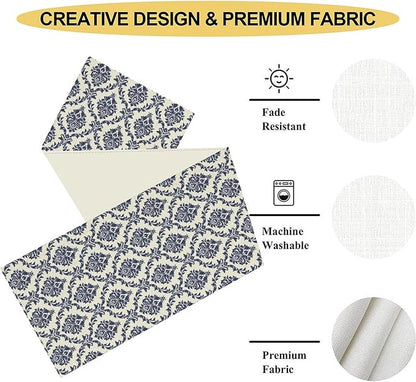 Damask Table Runner, Rustic Gothic Baroque Style Floral Bohemian Boho Blue Flower Antique Vintage Coffee Table Center Decor for Kitchen and Dining Outdoor Country Party Table Decorations, 13"x36"