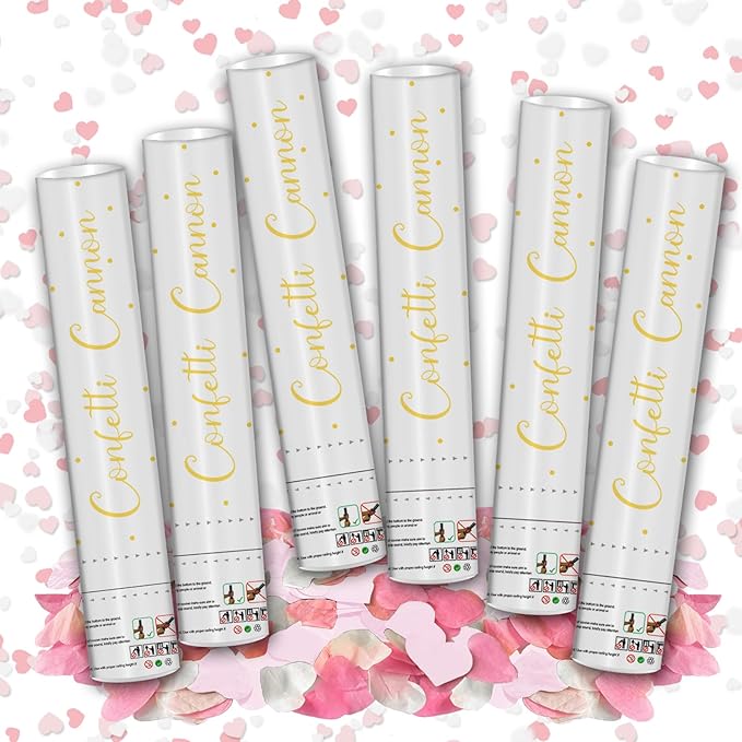 12" Confetti Cannons with Pink & White Heart Filling - Party Poppers for Gender Reveal Baby Shower Bridal Shower Valentine Wedding Anniversary - Easy to Use,Biodegradable Confetti - Pack of 6