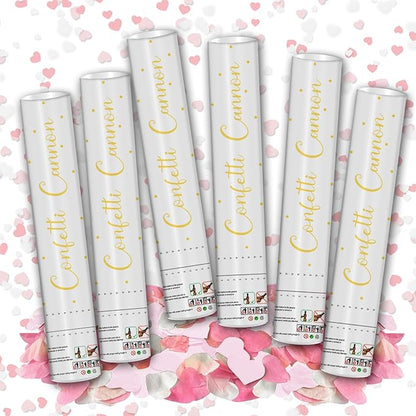 12" Confetti Cannons with Pink & White Heart Filling - Party Poppers for Gender Reveal Baby Shower Bridal Shower Valentine Wedding Anniversary - Easy to Use,Biodegradable Confetti - Pack of 6