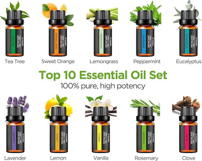 InnoGear Aromatherapy Diffuser & 10 Essential Oils Set, 400ml Diffuser Ultrasonic Diffuser Cool Mist Humidifier with 4 Timers 7 Colors Light Waterless Auto Off for Mother's Gift, Dark Wood Grain