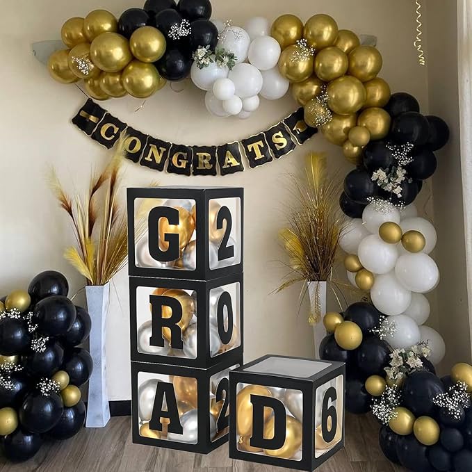 2026 Graduation Decorations - 4Pcs Black Balloon Boxes with Letters 2026&Grad for Preschool Kindergarten Middle High School College Graduation Party Decorations Class of 2026
