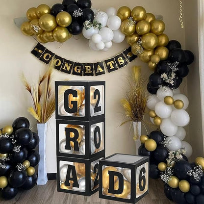 2026 Graduation Decorations - 4Pcs Black Balloon Boxes with Letters 2026&Grad for Preschool Kindergarten Middle High School College Graduation Party Decorations Class of 2026