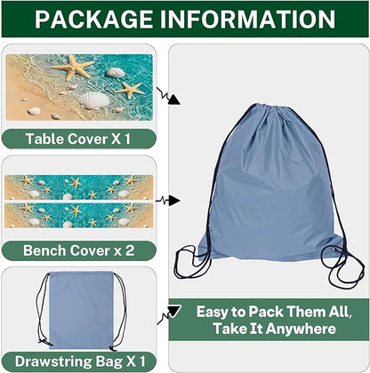 Picnic Table Cover with Bench Covers Elastic Edges, Beach Fitted Table Cover, Outdoor Patio Camping Essentials 96 Inch 3PCS, Waterproof Camping Fitted Tablecloth with Drawstring Bag