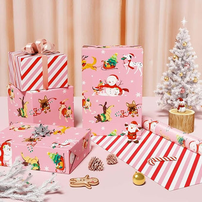 WERNNSAI Dog Christmas Wrapping Paper Roll - 1 Roll 17”x 33 ft Pink Puppy Christmas Wrapping Paper Reversible Red Candy Cane Stripe Gift Wrap for Kids Adults Xmas Winter Puppy Party Celebration