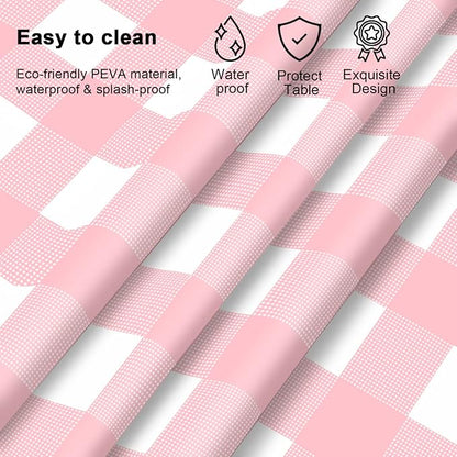 12 Pcs Pink Gingham Tablecloth 54 × 108 Inches Pink and White Checkered Table Cloth Disposable Plastic Waterproof Tablecover for Outdoor Picnic, Birthday Party, Holiday Dinner