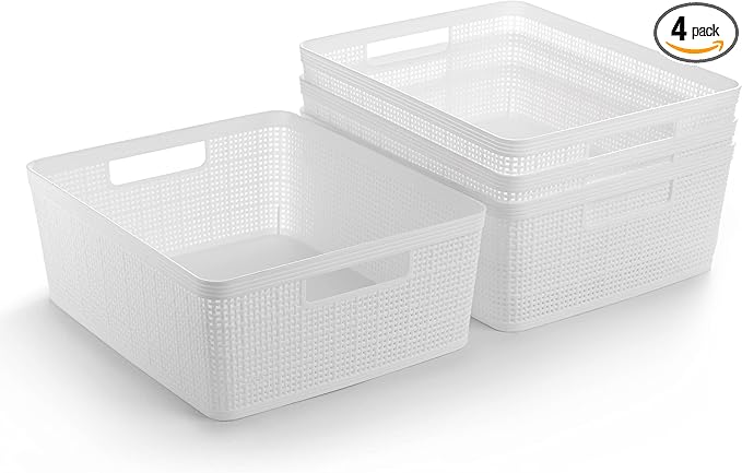 BINO | Woven Plastic Basket | Medium (White), 4-Pack | THE JUTE COLLECTION | Home Organization, Space - Saving Storage, Stylish Design | Jute Basket | Plastic Storage Basket