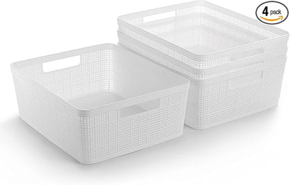 BINO | Woven Plastic Basket | Medium (White), 4-Pack | THE JUTE COLLECTION | Home Organization, Space - Saving Storage, Stylish Design | Jute Basket | Plastic Storage Basket