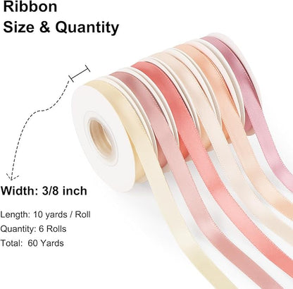 Ribbon for Gift Wrapping, 3/8 inch x 60 Yard, Thin Satin Ribbons for Crafts, Flower Bouquet Bridal Shower Wreath Hair Continuous Birthday Party Decorations (Pink Tones)