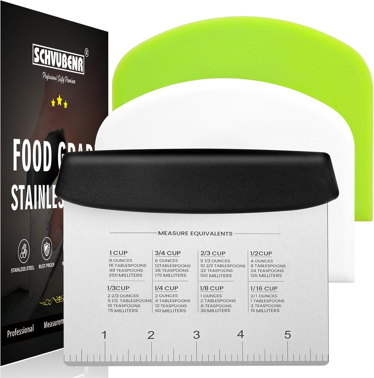 Schvubenr Premium Dough Scraper Set with 2 Flexible Bowl Scrapers - Stainless Steel Dough Cutter & Bench Scraper with Measuring Scale