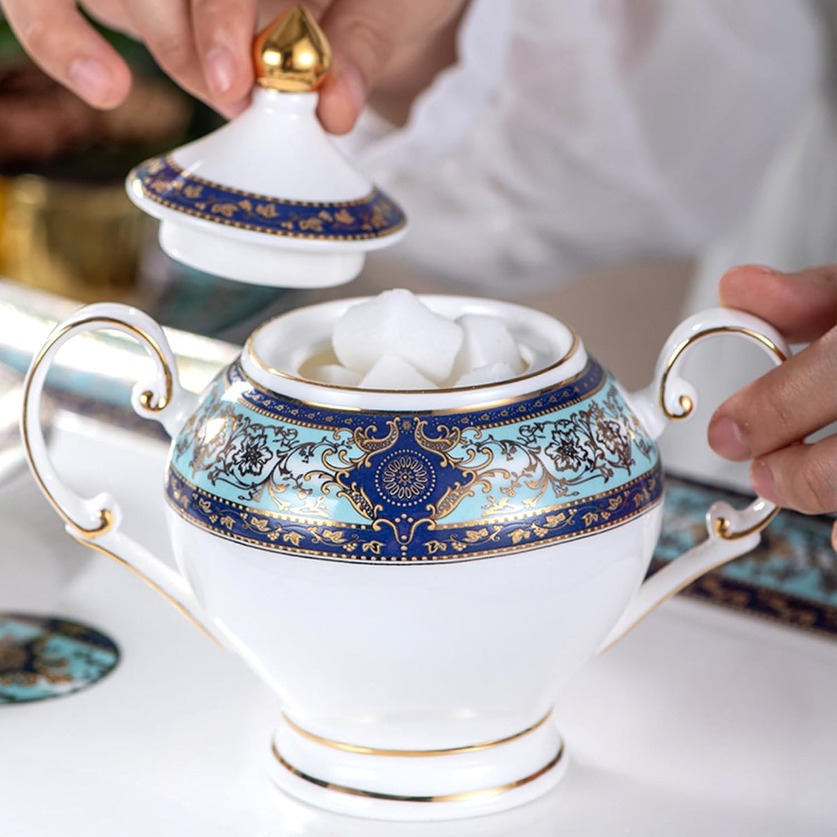 Euro Style Bone China Tea Set, 21 Piece Porcelain Tea Sets for 6 Adults, Bone China Tea Cup Set, Creamer Pitcher, Tea Set for Women Tea Party Set, Gift Package (21, Court)