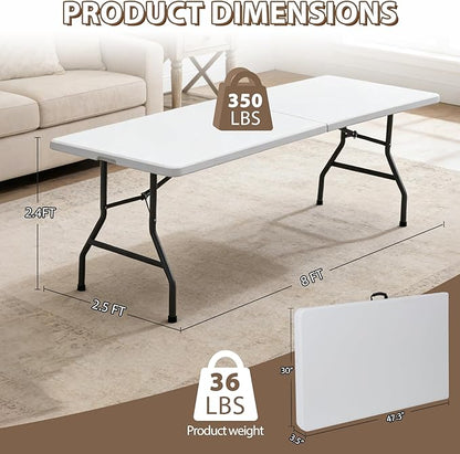 SUPER DEAL 8FT Folding Picnic Table for Indoor Outdoor, Portable Fold-in-Half Plastic Dining Camping Party Table with Carrying Handle