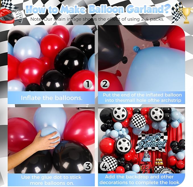 Car Balloon Arch Garland Kit 200pcs, Checkered Wheel Tire Black Red Blue Balloons Arch Kit for Racing Car Two Fast Theme Boy Birthday Anniversary Party Decorations