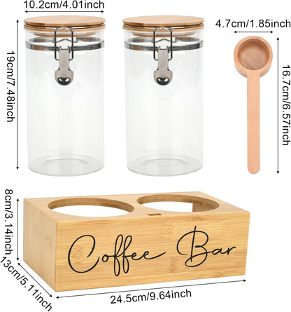 Glass Coffee Canister Set with Bamboo Shelf & Spoon - 2 Airtight Containers (47oz Each) for Coffee Beans, Ground Coffee, Sugar, Flour