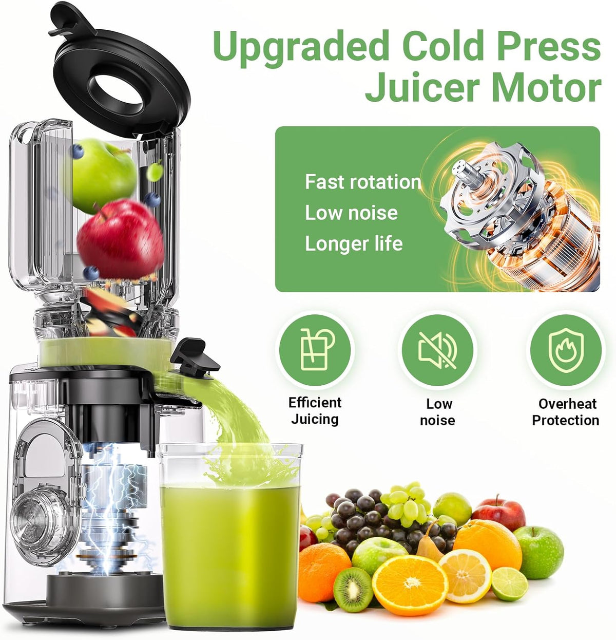 AAOBOSI Cold Press Juicer, 4.35" Large Feed Chute Masticating Juicer Machines (Upgrade) High Juice Yield Slow Juice Extractor fit Fruits &Vegetables, Easy to Clean, New Designed for Home and Travel