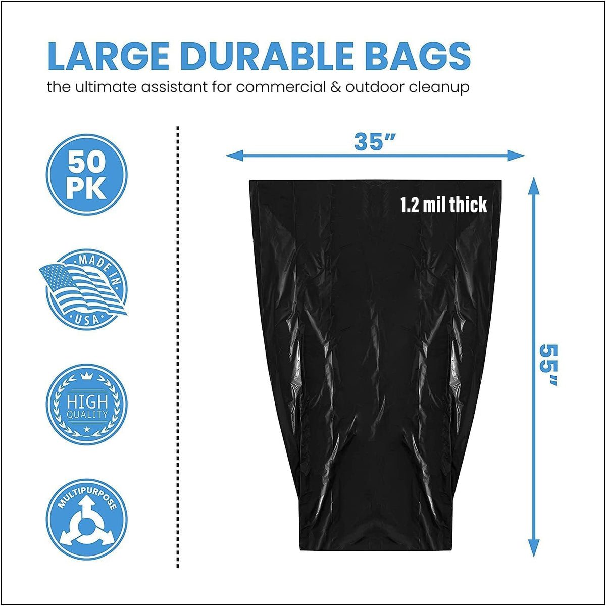 ToughBag 55 Gallon Trash Bags, 55-60 Gallon Trash Bags Heavy Duty (50 COUNT) - Large Black Trash Can Liners, 50-60 Gal for Contractors, Commercial, and Lawn - Made in USA
