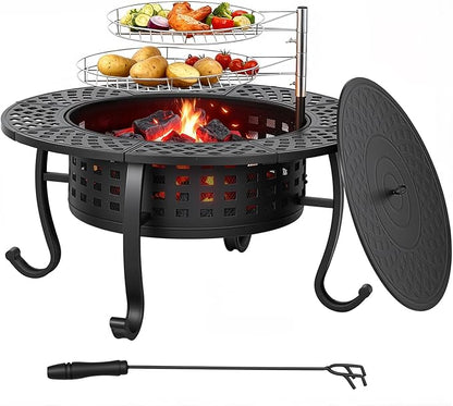 FDW 36 Inch Fire Pit with 2 Adjustable Grills, Wood Burning Outdoor Fire Pit with Lid, Poker & Waterproof Cover, 3-in-1 Fire Pit Table for BBQ, Bonfire & Patio Dining