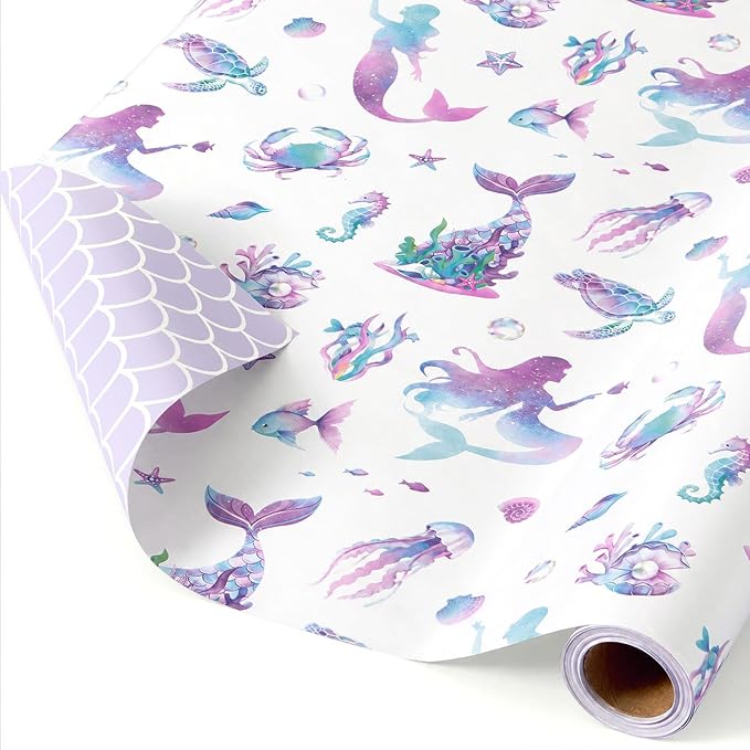 WERNNSAI Mermaid Wrapping Paper - 1 Roll 17”x 33 ft Colorful Mermaid Scale Gift Wrap Purple Princess Gift Wrapping for Girls Birthday Baby Shower Party Favor Reversible Iridescent Scales Design