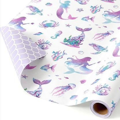 WERNNSAI Mermaid Wrapping Paper - 1 Roll 17”x 33 ft Colorful Mermaid Scale Gift Wrap Purple Princess Gift Wrapping for Girls Birthday Baby Shower Party Favor Reversible Iridescent Scales Design