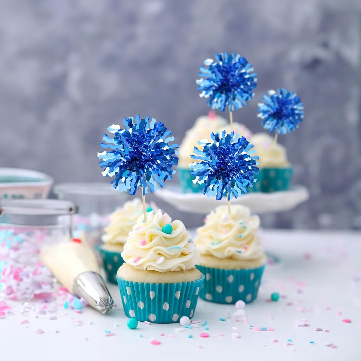 Ephlyn 30Pcs Foil Firework Cupcake Toppers Blue Tinsel Flower Drink Stirrers Cocktail Food Fruit Cake Toppers for Valentine's Day Party Decorations