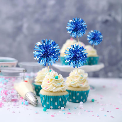 Ephlyn 30Pcs Foil Firework Cupcake Toppers Blue Tinsel Flower Drink Stirrers Cocktail Food Fruit Cake Toppers for Valentine's Day Party Decorations