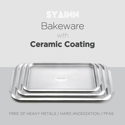 SYAINN Non-stick Ceramic Baking Sheet Set, Pack of 3 - Aluminum Steel Cookie Sheets for Baking - Includes Half/Quarter/Jelly Roll Pans - Warp Resistant, Toxic, PTFE & PFOA Free - Sliver