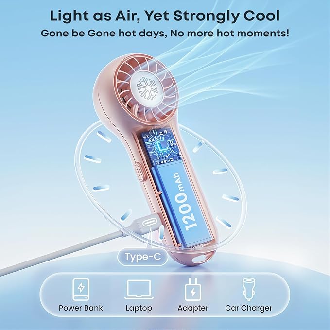 DREAMME 2 Portable Handheld Fan, Powerful Mini Fan, 4-Speed Personal Small, Cute Small Pocket, Rechargeable Operated Lash Fan for Travel, Summer Gifts for Women, Girls, Pink