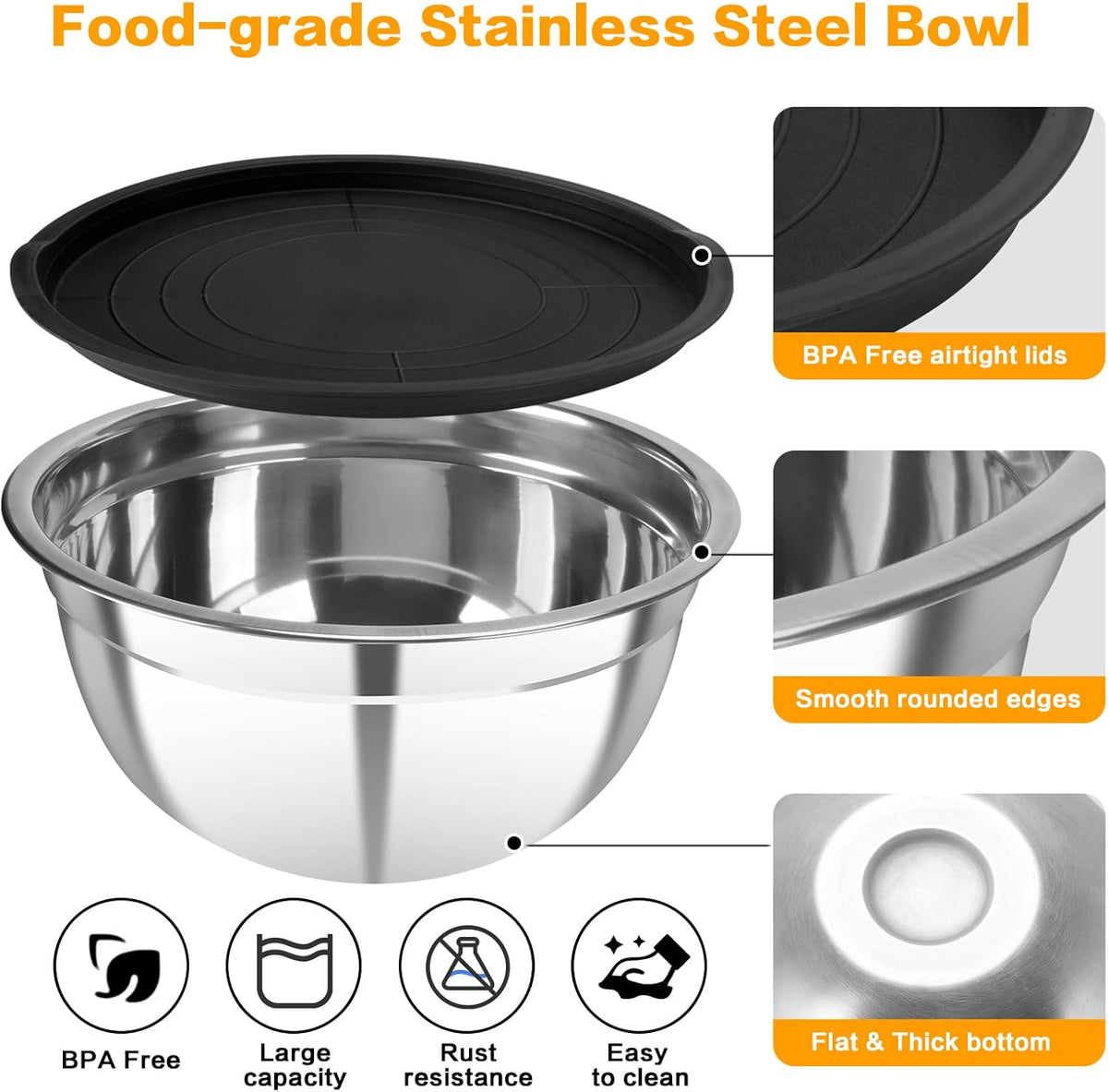7 Piece Metal Mixing Bowls with Lids Set, Stainless Steel Nesting Design Salad Mixing Bowl Set for Kitchen Cooking, Baking