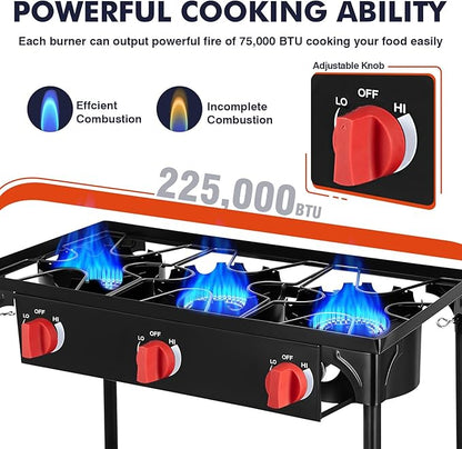 Llamaviva 3 Burner Gas Stove, Propane Outdoor Stove with Removable Legs,Auto Ignition Button&Regulator, 225,000 BTU,Propane Burners for Outdoor Cooking, Camping&BBQ Cookouts