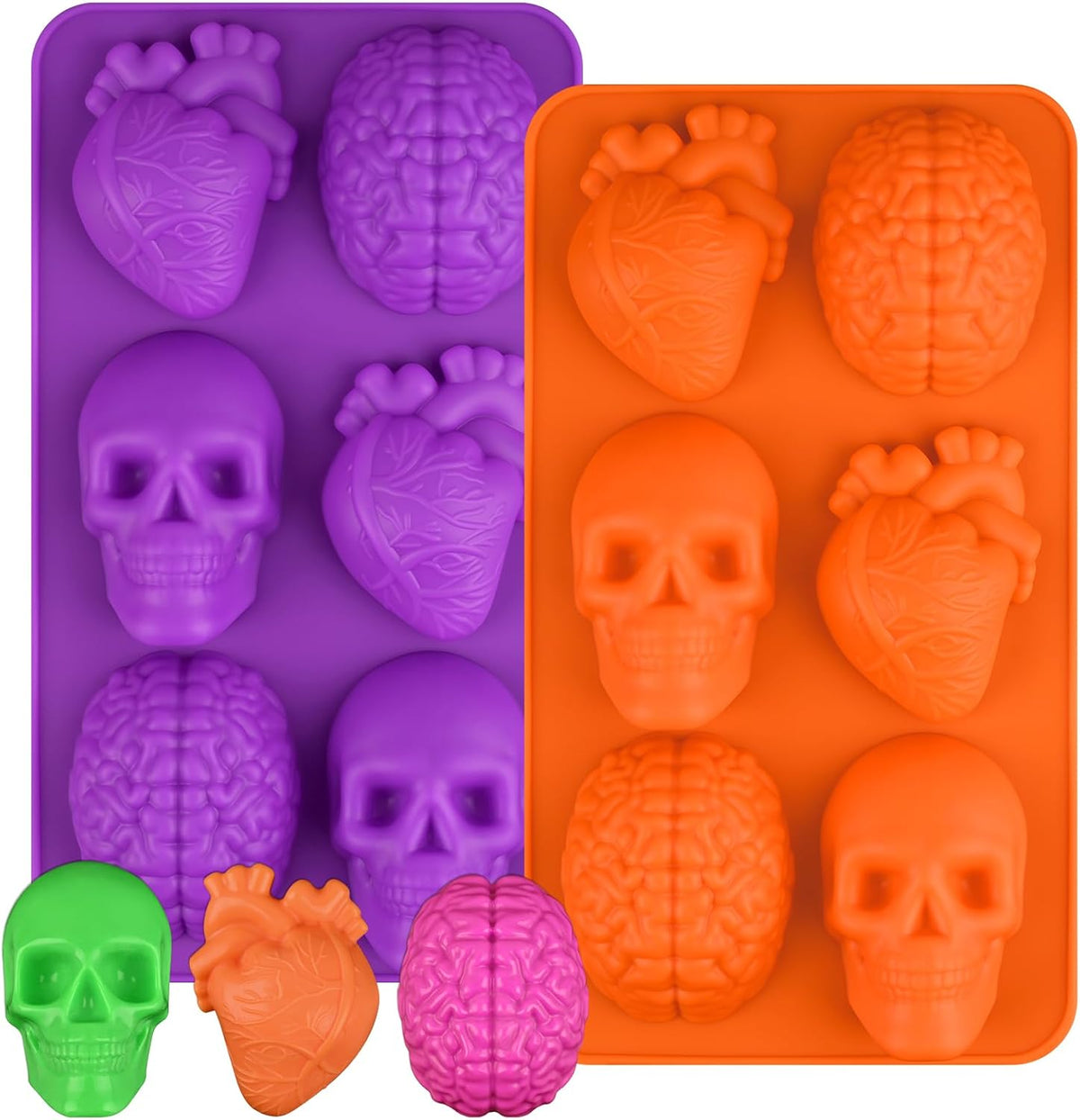 Sakolla Skull Brain and Heart Silicone Mold, 2 Pack Halloween Baking Molds for Make Human Organs shape Cake, Chocolate, Gelatin, Jelly, Soap and Resin