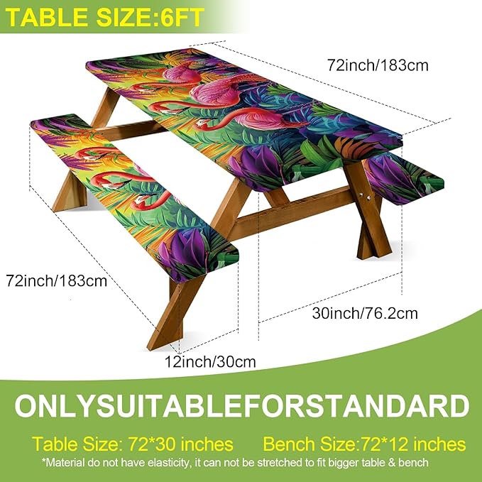 ANNA QUEEN Tropical Flamingo Summer Flower Picnic Table Cover 6FT with Bench Covers Picnic Table Cover Set 3PCS 72"x30", Outdoor Bench and Tablecloth Furniture Protection