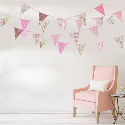 Zwiebeco 39Ft Pink Floral Fabric Bunting Banner Triangle Flag Party Decorations Hanging Cotton Rustic Vintage Flowers Garland Pennants for Wedding Birthday Tea Nursery Home Outdoor Garden Accessories