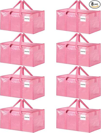 8 Pack Extra Large Heavy Duty Moving Bags, Pink Storage Bins with Lids, Reinforced Handles & Heavy-Duty Zippers Moving Boxes Storage Bags Totes for Clothes Packing, Dorms, College Supplies, Pink