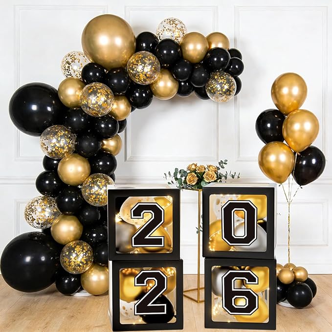 Graduation Decorations Class of 2026, Black Graduation Decorations, Balloons Boxes (4PCS) with Letters 2026 GRAD So Proud of You, Congrats Grad Decorations for High School & College