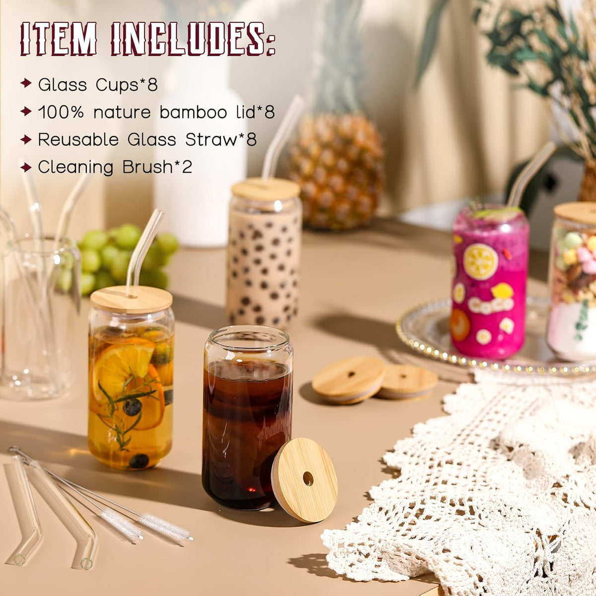 Netany [ 8pcs Set ] Drinking Glasses with Bamboo Lids and Glass Straw - 16oz Glass Cups, Beer Glasses, Iced Coffee Glasses, Cute Tea Cup