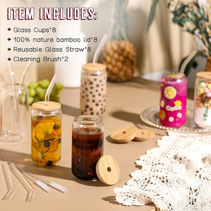 Netany [ 8pcs Set ] Drinking Glasses with Bamboo Lids and Glass Straw - 16oz Glass Cups, Beer Glasses, Iced Coffee Glasses, Cute Tea Cup