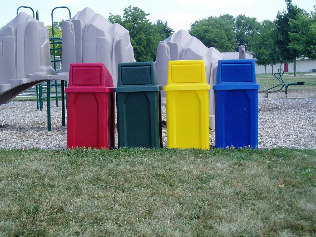 32 Gallon Square 100% Recycled Plastic Heavy Duty Outdoor Trash Can with Push Lid - Great for Schools and Businesses - Red