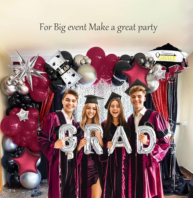 130 Pcs Maroon Black Silver Balloon Arch Kit with GRAD Letters & Graduation Cap Foil Balloons, Star Accents for Senior Night Decorations, Class of 2026 Prom & Party Supplies