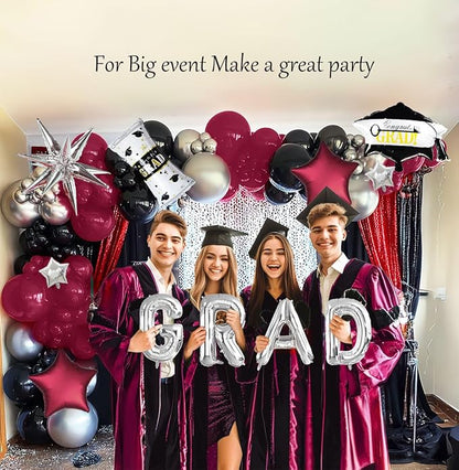 130 Pcs Maroon Black Silver Balloon Arch Kit with GRAD Letters & Graduation Cap Foil Balloons, Star Accents for Senior Night Decorations, Class of 2026 Prom & Party Supplies