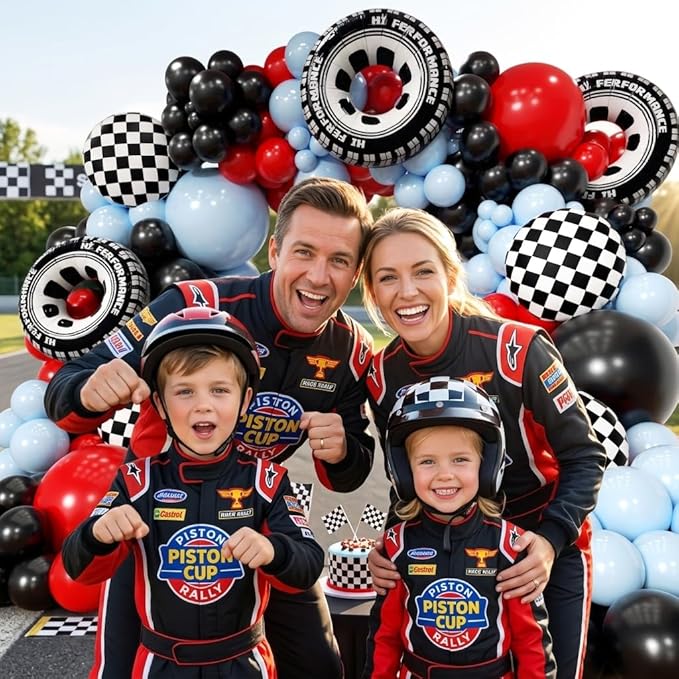 Car Balloon Arch Garland Kit 200pcs, Checkered Wheel Tire Black Red Blue Balloons Arch Kit for Racing Car Two Fast Theme Boy Birthday Anniversary Party Decorations