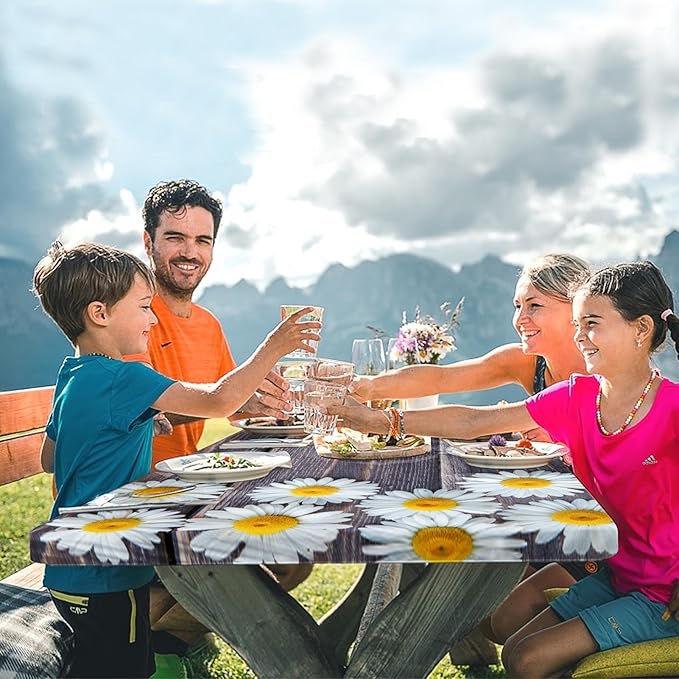 Picnic Table Cover with Bench Covers Elastic Edges, Chamomile Flower Fitted Table Cover, Outdoor Patio Camping Essentials 60 Inch 3PCS, Waterproof Camping Fitted Tablecloth with Drawstring Bag