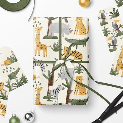 WRAPAHOLIC Kraft Baby Shower Wrapping Paper - Mini Roll - 3 Rolls - 17 Inch x 120 Inch - Jungle Animal Wrapping Ppaer for Neutral Baby Shower, Kids Boys Girls Birthday