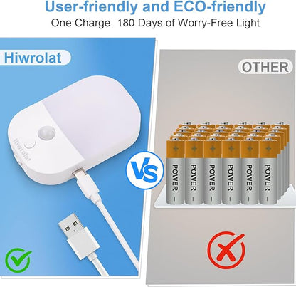 Motion Sensor Night Light, LED Dimmable Warm White Type-C Rechargeable Battery, for Hallway, Bathroom, Stair, Wardrobe, Bedroom, Auto On/Off, 2 Pack