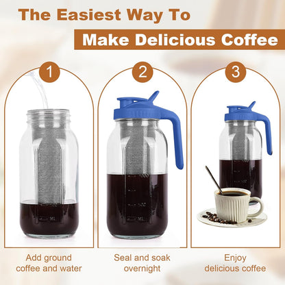 Cold Brew Coffee Maker,64 oz Mason Jar Pitcher with Stainless Steel Filter, Pour Spout Handle Lid