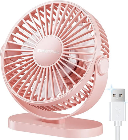 SWEETFULL USB Desk Fan Small Quiet - 3 Speeds Mini Personal Portable Fan 360° Rotation Adjustable, 5.5 Inch Office Table Cooling Gadgets on Desktop (Pink)