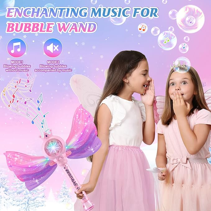 Bubble Wands for Kids Girls - LED Light & Music Bubble Machine: 3 AA Batteries & 2 Bubble Solutions, Outdoor Party Birthday Toys for Toddlers, Gift for 3 4 5 6 7 8 Year Old Girls