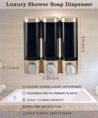 RANKADO Luxury Shower Soap Dispenser Bathroom with Tray,Drill Free Shampoo and Conditioner Dispenser with Mounting Tapes,Shower Soap Dispenser with Labels,Shampoo Dispenser for Shower Wall (Gold)