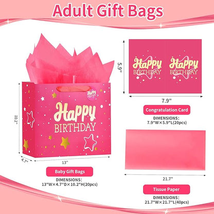 Powbrace 13" Pink Happy Birthday Gift Bag with Tissue Paper and Greeting Card for Party,Happy Birthday Gift Bag for Men Women,Gift Bags Medium size(20 PCS Pink Hot Stamping)