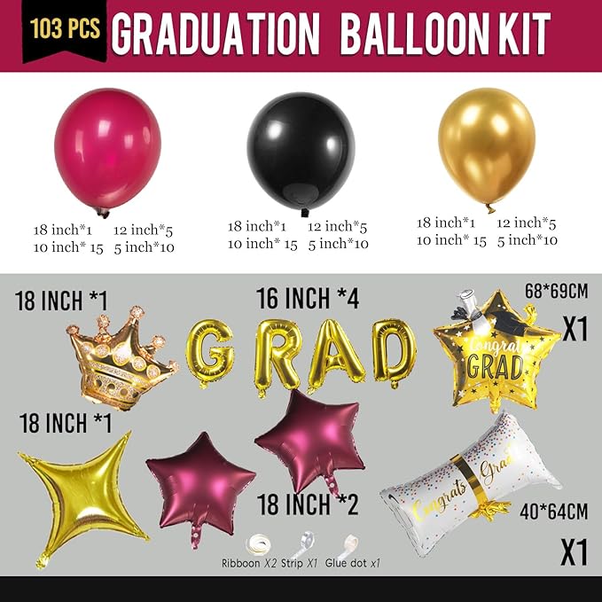Elegant Burgundy Black Gold Graduation Balloon Garland Kit with foil graduation caps diplomas GRAD letters wine red stars and crowns Balloons for Maroon Class of 2026 Graduates Party Decorations